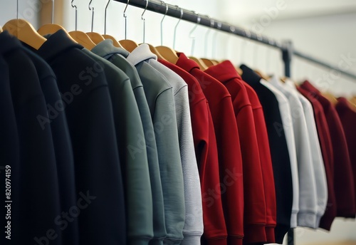 Colorful display of polo shirts on hangers in retail shop setting