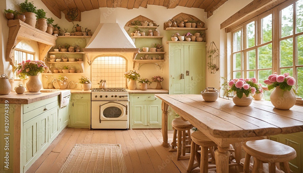 A cozy kitchen in a cottage with wooden cabinets, a farmhouse sink, and a large wooden table 