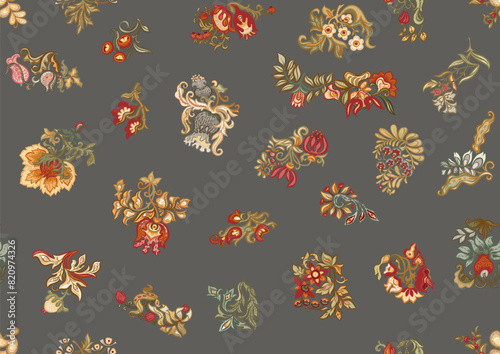 Fantasy, alien flowers, decorative flowers and leaves. Cartoon style. Millefleurs trendy floral design. Seamless pattern, background. Vector illustration.