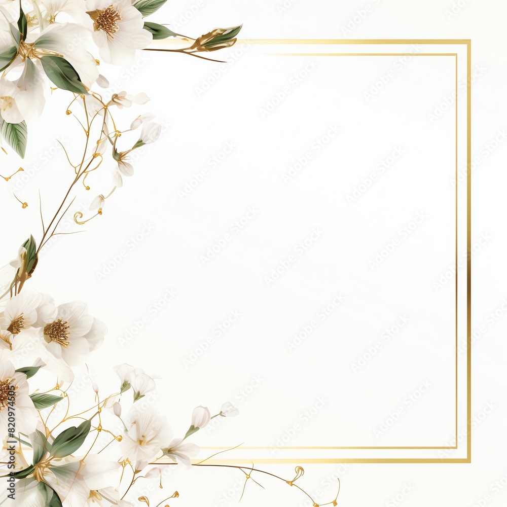 Elegant floral frame with delicate white flowers and gold accents on a light background, perfect for invitations and wedding designs. Elegant floral frame with delicate white flowers and gold accents on a light background, perfect for invitations and wedding designs.