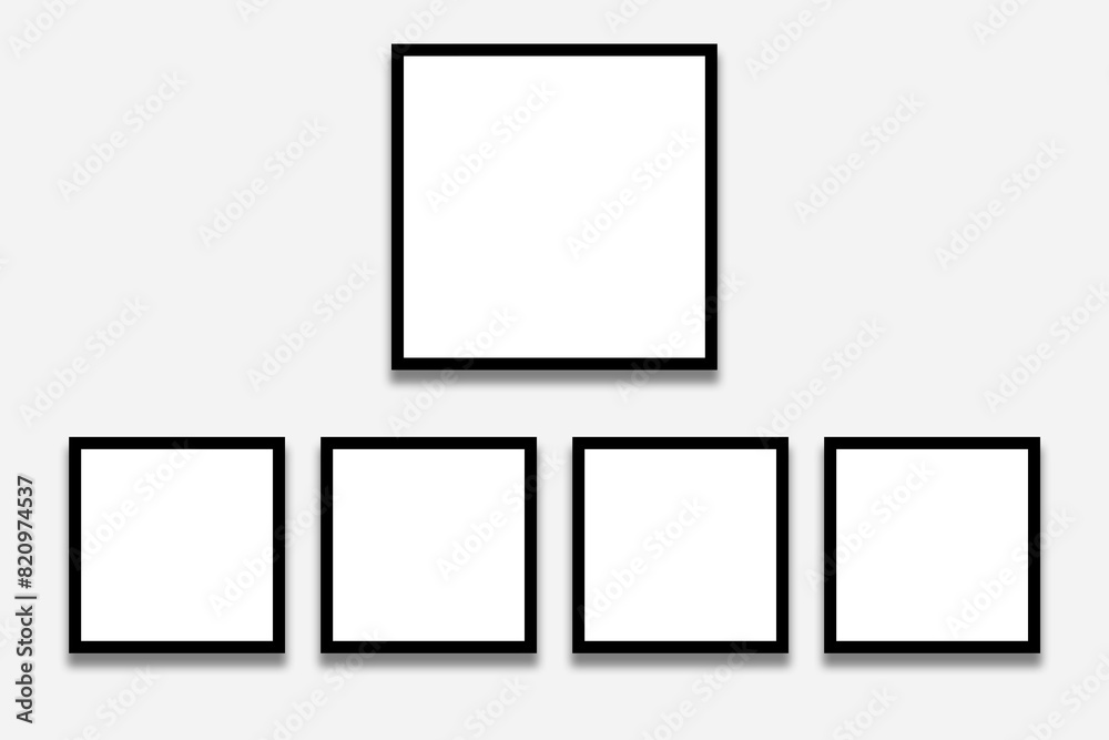 5 Blank white square photo frames with black borders in a cool simple layout. Used as a printable photo collage template for album pictures or photographs collection in a gallery wall style.