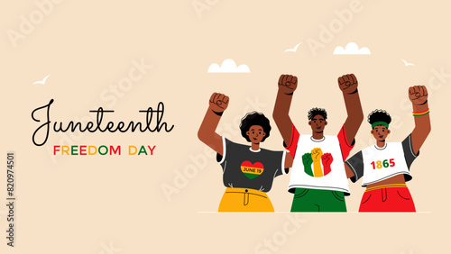 Juneteenth freedom from slavery day.A group of African American people with their fist raised.June 19 1865.Vector stock illustration in flat style.