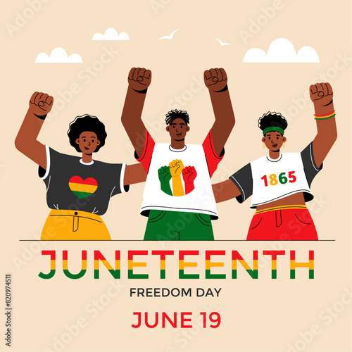 Juneteenth freedom from slavery day.Group of people African American with raised fist up.June 19, 1865.Social media post template.Vector stock illustration.