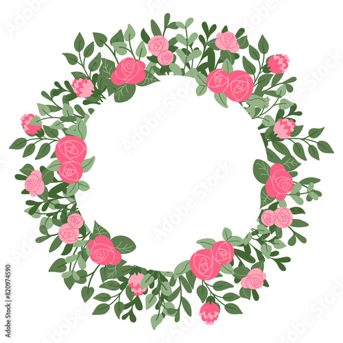 Floral round flat template with abstract stylized plants. Summer botanical concept. Flat hand drawn colored wreath with flowers isolated on white background. Trendy print design for interior decor