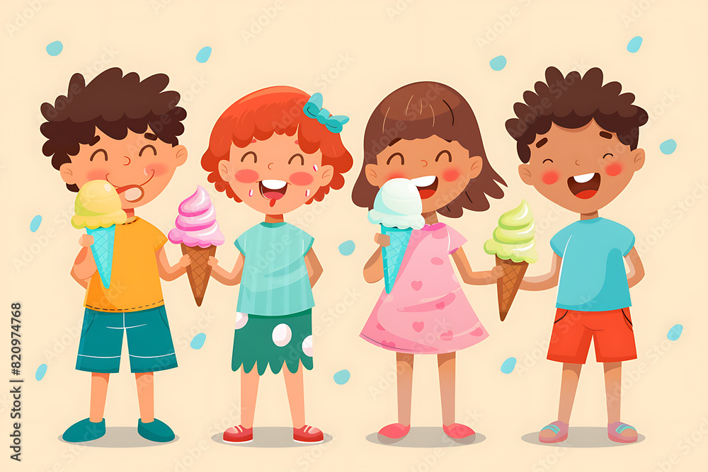 Happy children enjoying ice cream cones on a sunny day, capturing joyful summer moments. Happy children enjoying ice cream cones on a sunny day, capturing joyful summer moments.