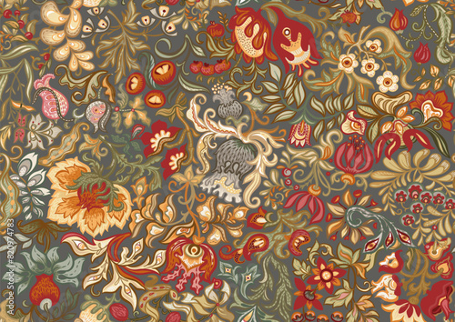 Fantasy, alien flowers, decorative flowers and leaves. Cartoon style. Millefleurs trendy floral design. Seamless pattern, background. Vector illustration.