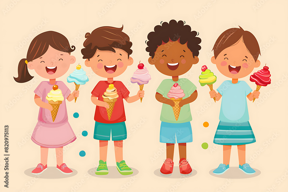 Happy children enjoying ice cream cones on a sunny day, capturing joyful summer moments. Happy children enjoying ice cream cones on a sunny day, capturing joyful summer moments.