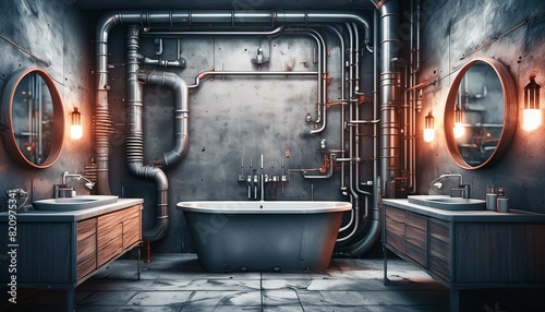 interior with bathroom. A trendy bathroom featuring exposed pipes, concrete walls, and metal fixtures