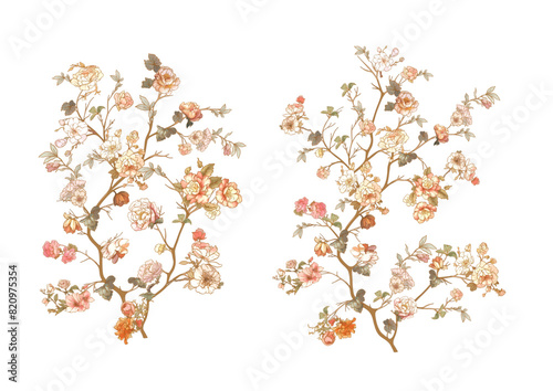 Blossom tree Clip art, set of elements for design Vector illustration. In chinoiserie, botanical style Isolated on white background.