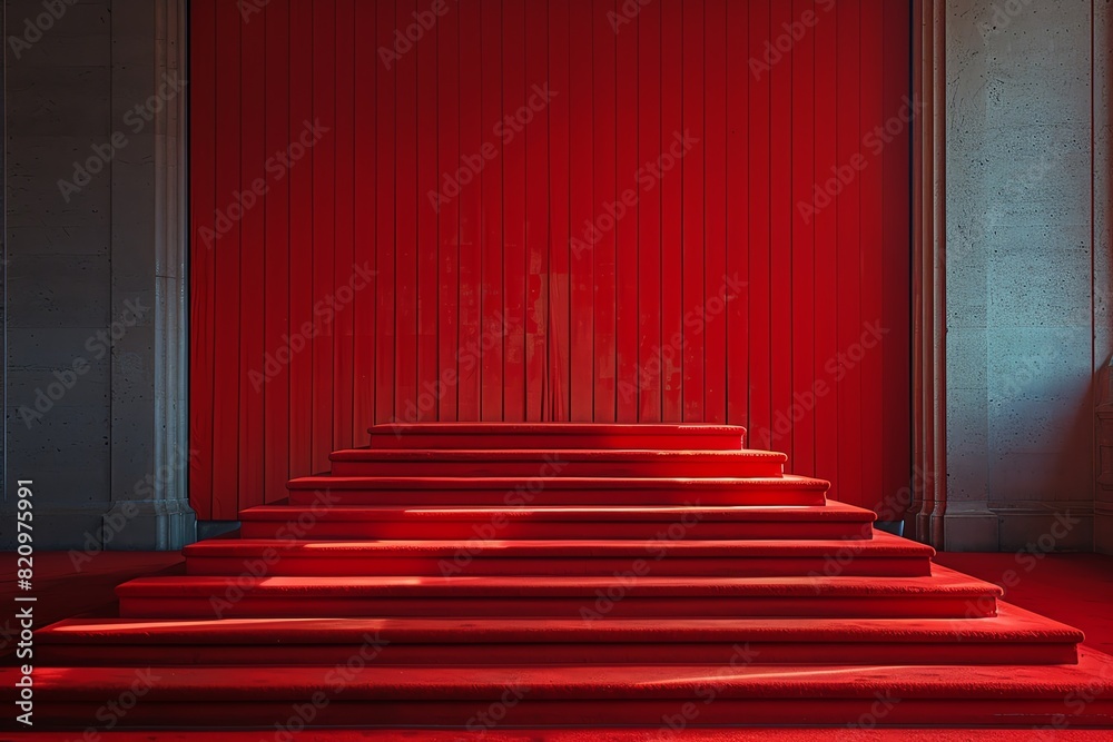 Fototapeta premium Elegant red steps leading to a modern architectural entrance, creating a minimalist and vibrant visual ambiance with gradient lighting.