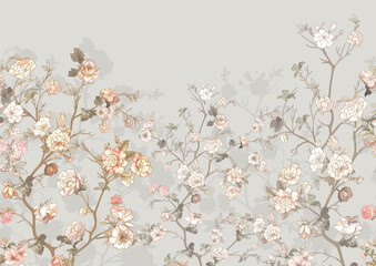 Wandcirkels Japandi stijl Bloesemtakken patroon Chinoiserie botanische stijl  © Elen  Lane