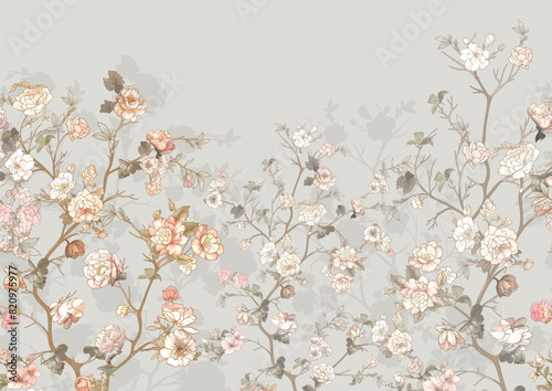 Blossom trees with flowers. Seamless pattern, background. Vector illustration. In Chinoiserie, japandi, botanical style