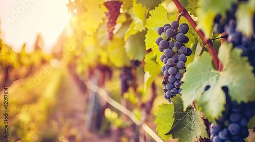 a vineyard in summer, with lush burgundy wine vines stretching across the hilly agricultural landscape near a winery along the wine road. photo