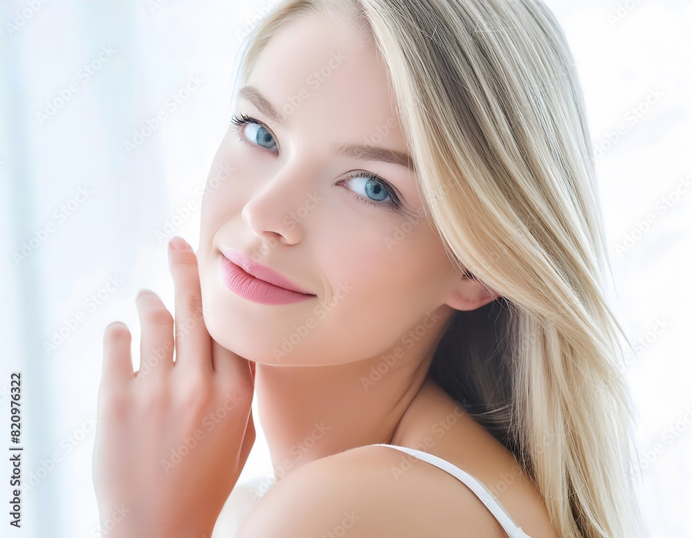 High key close-up of a young model with beautiful blond hair and blue eyes. Concept of cosmetics and hair products. High key close-up of a young model with beautiful blond hair and blue eyes. Concept of cosmetics and hair products.