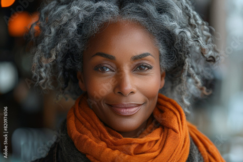 Mature female with gray hair wearing orange scarf, charismatic engaging portrait for ads