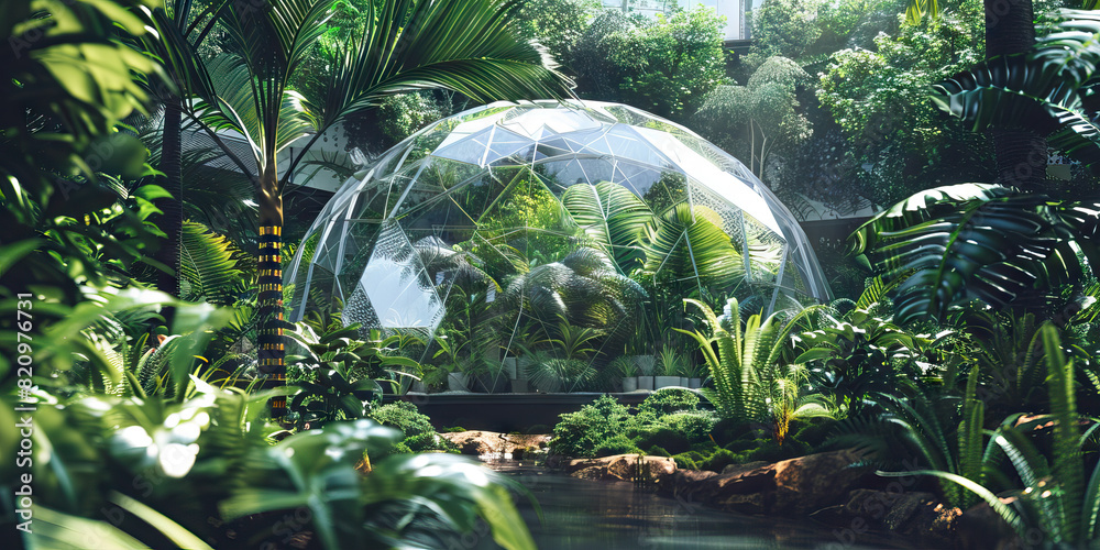 Bio-Dome Ecosphere: This dome-shaped enclosure showcases a self-sustaining ecosystem, with pearlescent walls and an abundance of vegetation. Bio-Dome Ecosphere: This dome-shaped enclosure showcases a self-sustaining ecosystem, with pearlescent walls and an abundance of vegetation.