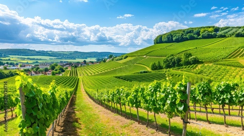 a vineyard in summer  with lush burgundy wine vines stretching across the hilly agricultural landscape near a winery along the wine road.