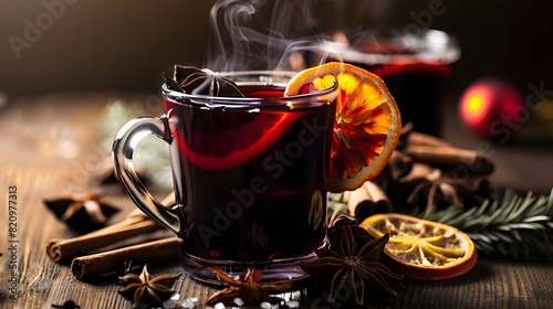 Quentão. A warm glass of mulled wine with cinnamon and citrus slices, creating a cozy holiday atmosphere with spices and decorations on a rustic wooden table.