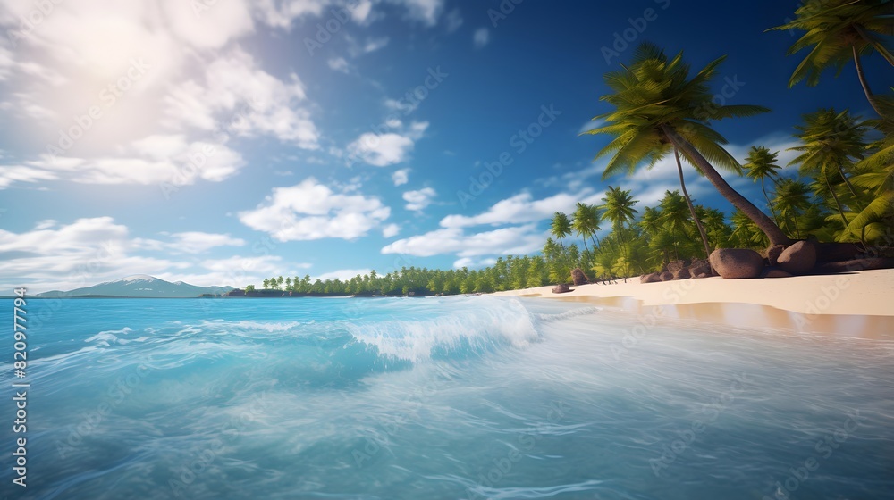 Tropical beach panorama with palm trees and blue sky with clouds