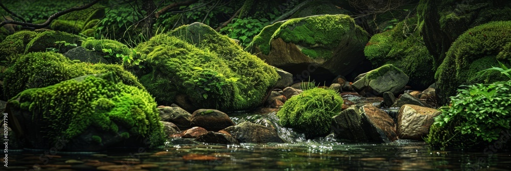 Lush vibrant moss-covered rocks in a serene forest stream Lush vibrant moss-covered rocks in a serene forest stream