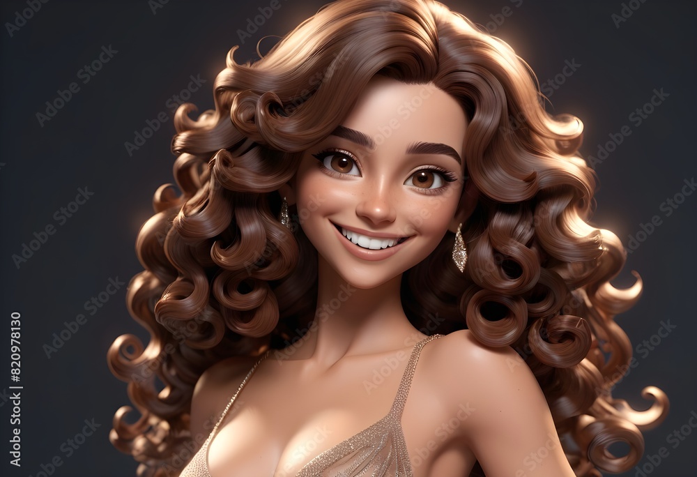 Fototapeta premium a cartoonistic 3d portrait of a smiling brunette model with long and curly hairs and glamorous makeup behind tranparent luxrious background