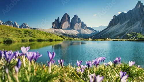 awesome nature landscape alpine lake with crystal clear water and frash grass and flowers perfect blue sky and mountains peaks incredible view of dolomites alps tre cime di lavaredo national park