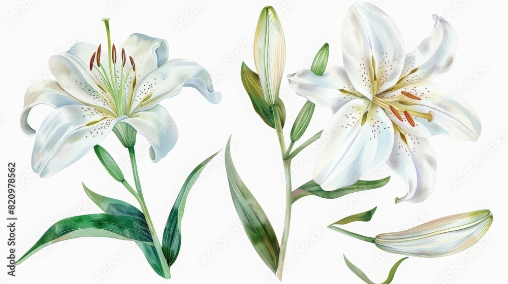 A set of watercolor of a lily, embodying purity and a soft, serene beauty, Clipart isolated white background