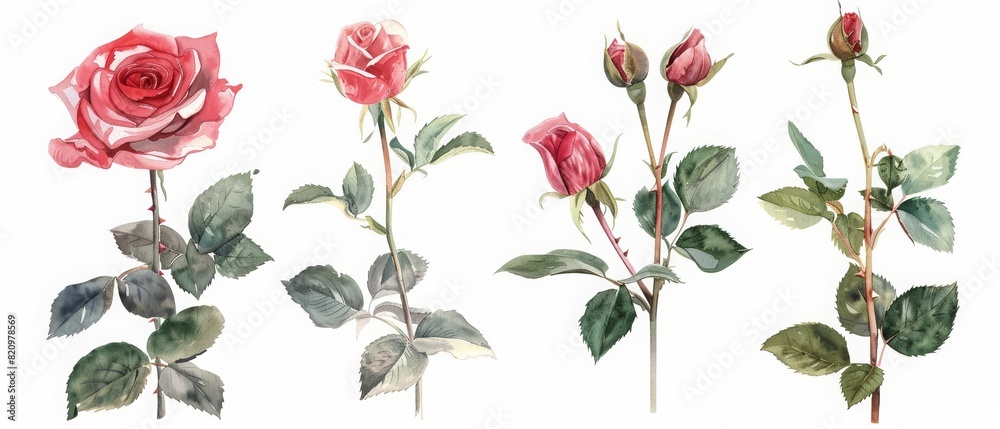 A set of watercolor of a rose, a timeless symbol of love and passion, Clipart isolated with a white background A set of watercolor of a rose, a timeless symbol of love and passion, Clipart isolated with a white background