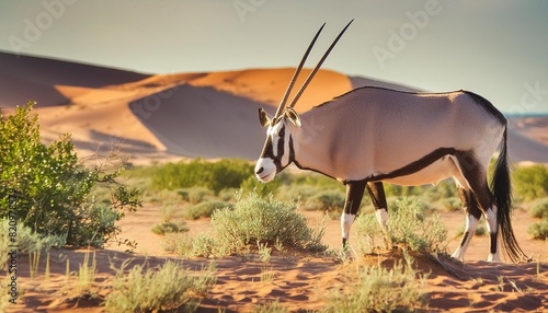 oryx african oryx or gemsbok oryx gazella searching for food in the dry red dunes of the kgalagadi transfrontier park in south africa photo