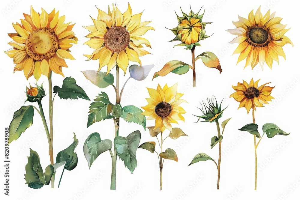A set of watercolor of sunflowers, a canvas of golden hues that brighten the day, Clipart isolated concept minimal with white background A set of watercolor of sunflowers, a canvas of golden hues that brighten the day, Clipart isolated concept minimal with white background