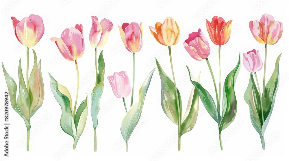A set of watercolor of tulips, each brush stroke echoing the blooms springtime awakening, Clipart isolated minimal with white background
