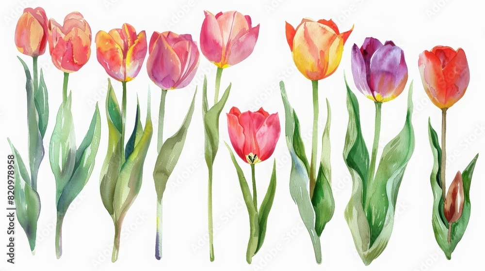 A set of watercolor of tulips, each brush stroke echoing the blooms springtime awakening, Clipart isolated minimal with white background A set of watercolor of tulips, each brush stroke echoing the blooms springtime awakening, Clipart isolated minimal with white background