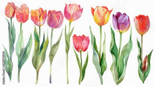 A set of watercolor of tulips, each brush stroke echoing the blooms springtime awakening, Clipart isolated minimal with white background