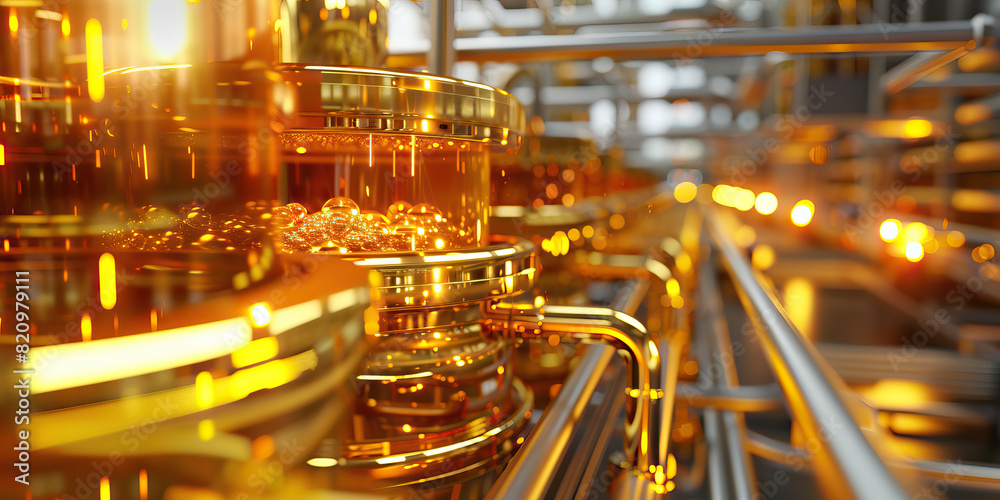Gold Nanotech Manufacturing Plant: Showing a plant where nanotechnology is manufactured, with gold-tinted machinery and advanced nanomaterials.