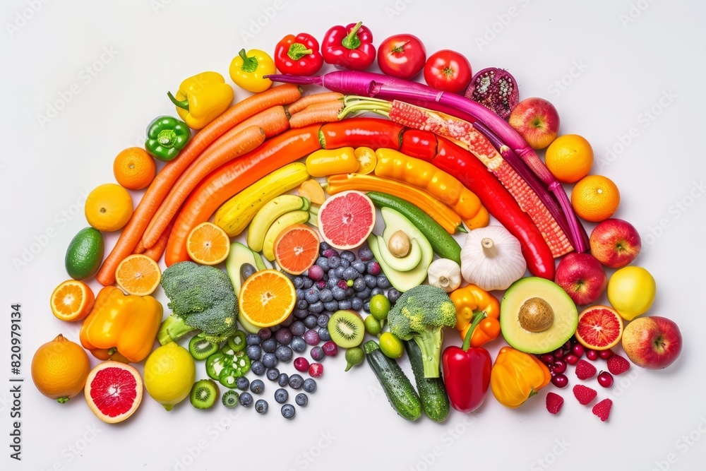 A vibrant illustration of fresh vegetables and fruits forming a rainbow on a white background, symbolizing a healthy diets diversity