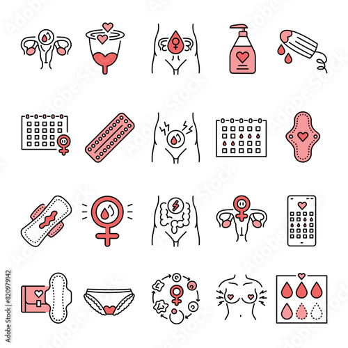 Menstrual cycle line black icons set. Signs  for web page, mobile app, button, logo. Vector isolated button.