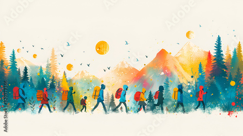 World Refugee Day Vector Illustration Background,
Watercolor of Festive Gathering With a Boomerang Vibrant Blue and Green Co Ink on White BG Clipart
 photo