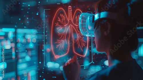 Amazing of a pulmonologist using virtual reality to simulate lung function with Glow HUD big Icon of respiratory system