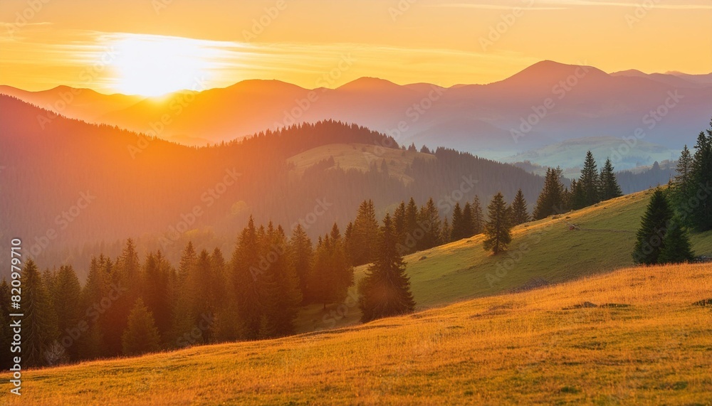 wonderful landscape in the mountains at sunrise view of a scenic forest hills golden hour morning light effect warm natural light