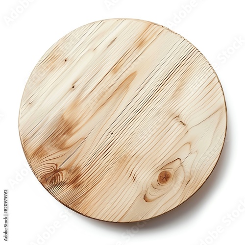 Top view of a round wooden cutting board with natural grain patterns, ideal for kitchen use, food presentation, and rustic decor. photo