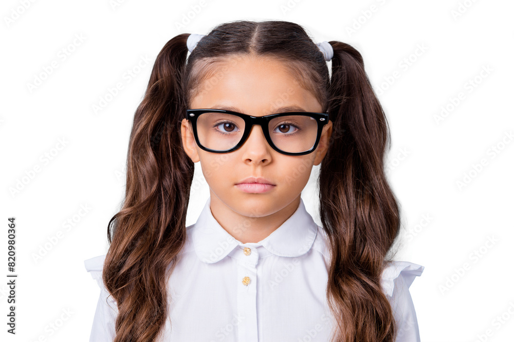 Close-up portrait of nice cute sad serious adorable lovely stylish girl with two curly ponytails in white formal blouse shirt, wearing glasses. Isolated over grey background