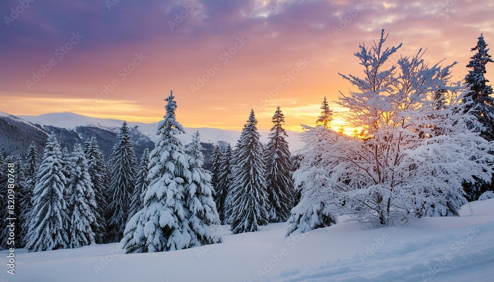 snowy trees at sunset