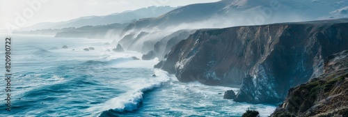 Dramatic coastline with cliffs shrouded in mist and crashing waves below.