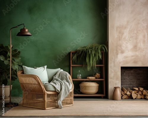 living room with a fireplace and a chair with a green wall behind it.