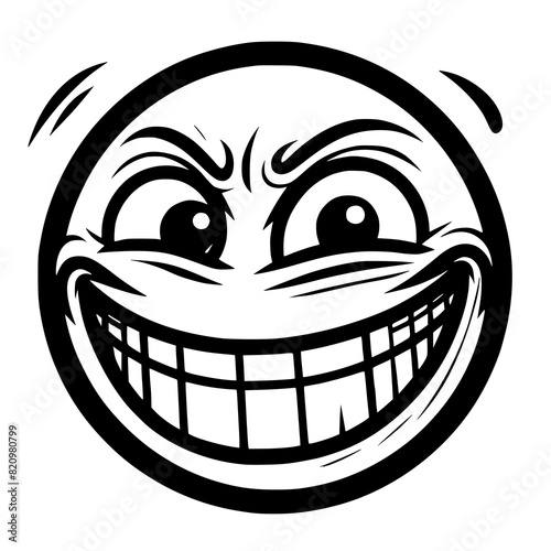 A crazy and funny smiley face in black and white, perfect for emotional expression illustrations, cartoons, humorous designs, and versatile creative projects