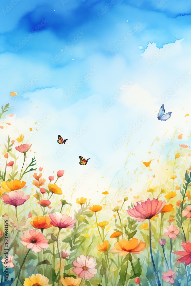 Vibrant watercolor painting of a colorful flower field under a bright blue sky with butterflies fluttering by.