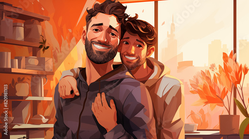Two men smiling and embracing in a warmly lit home, symbolizing love and LGBTQIA+ pride, surrounded by cozy interior elements.