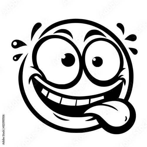 A crazy and funny smiley face in black and white, perfect for emotional expression illustrations, cartoons, humorous designs, and versatile creative projects