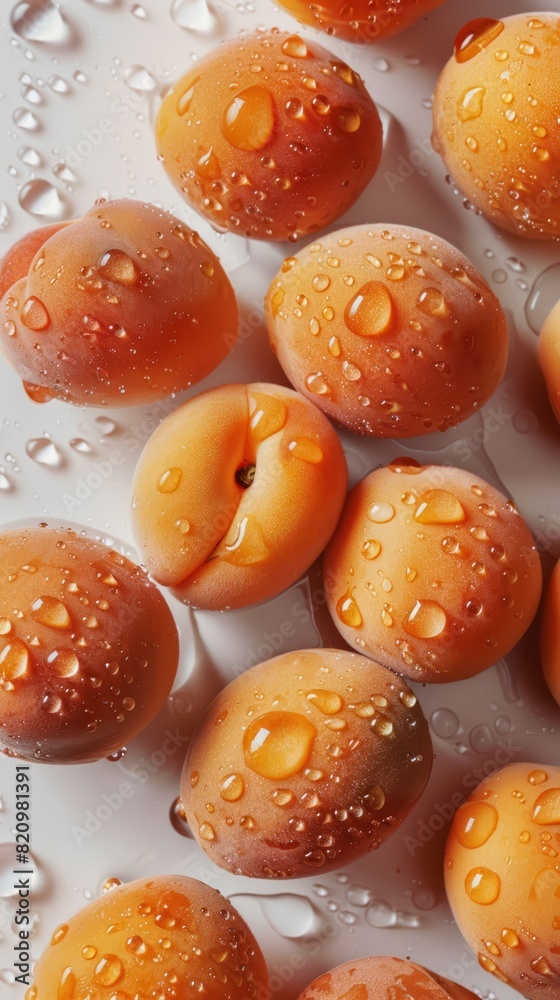 A group of peaches with water droplets on them A group of peaches with water droplets on them