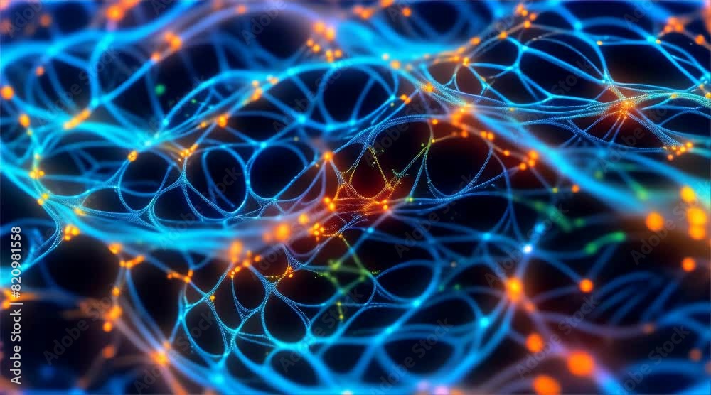 Abstract digital network with blue and orange glowing nodes. 3D rendering. Technology and connectivity concept for design and print. Macro shot Abstract digital network with blue and orange glowing nodes. 3D rendering. Technology and connectivity concept for design and print. Macro shot